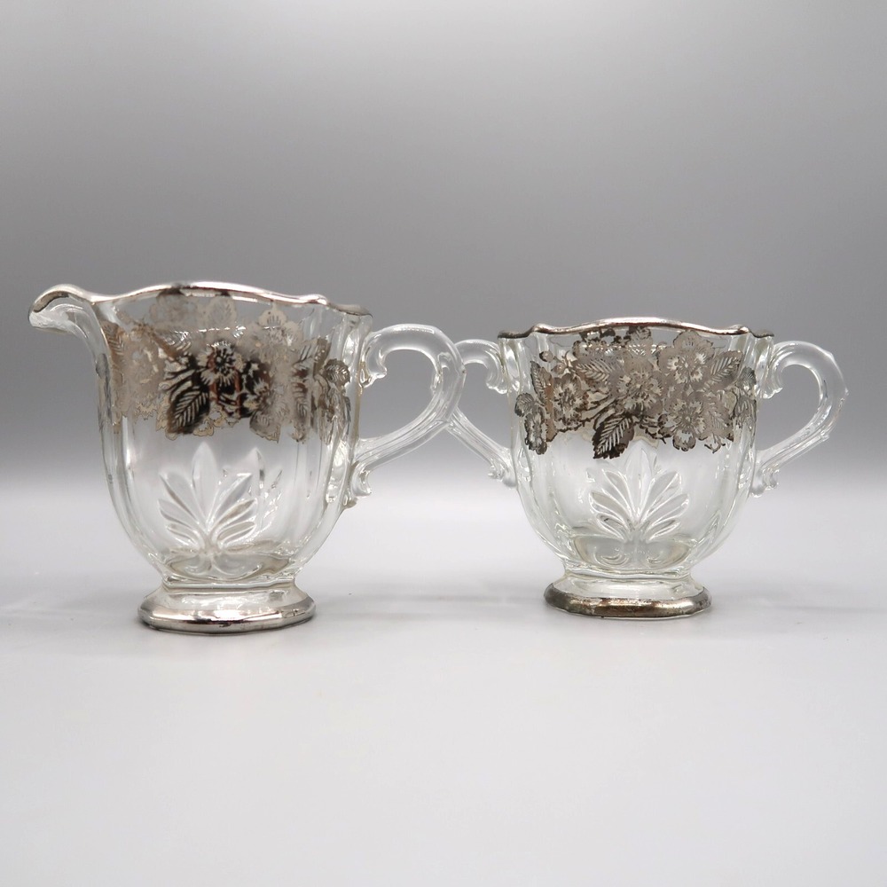 Silver City Flanders Silver Overlay Creamer and Sugar Floral Poppy Glass